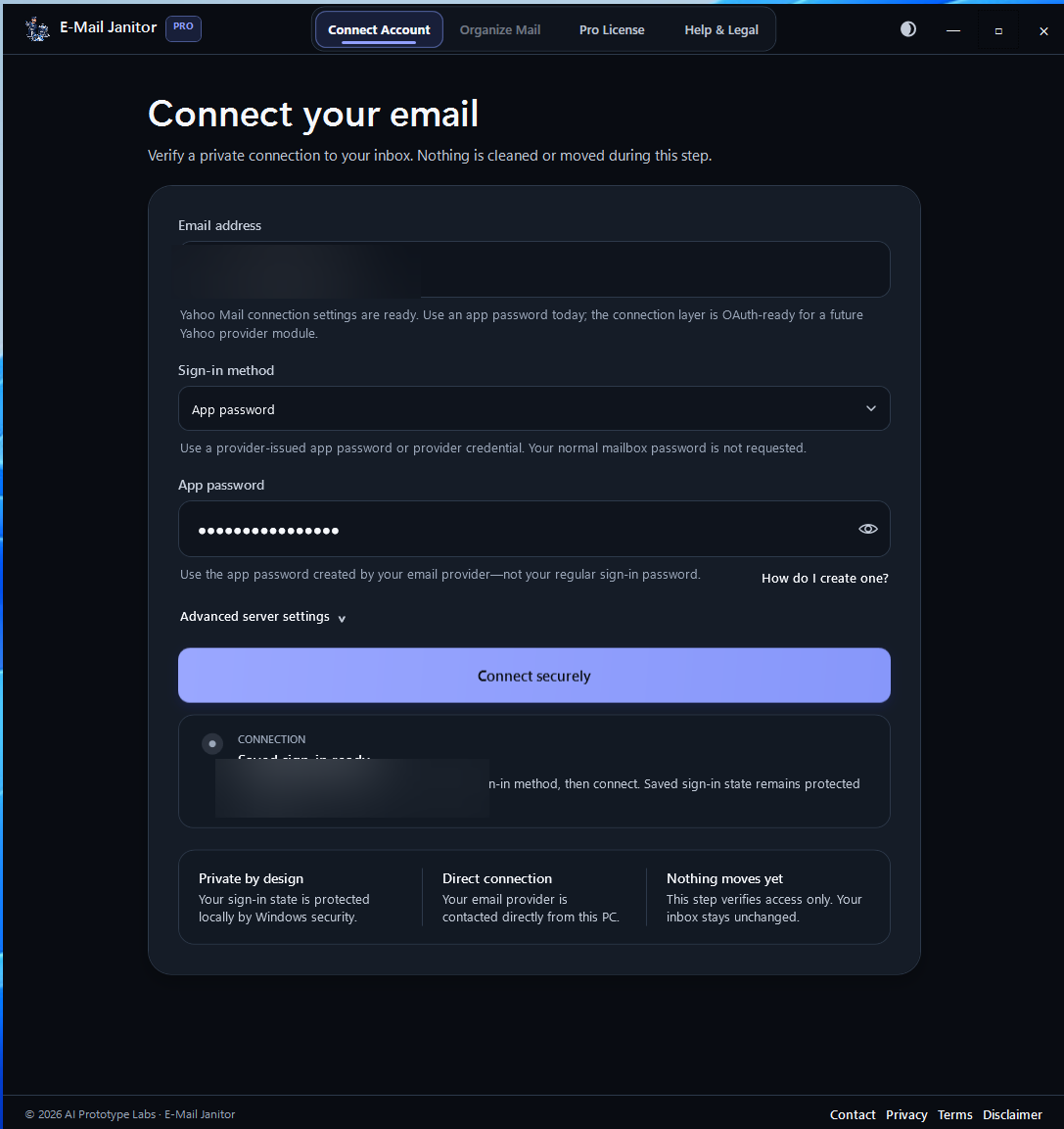 Redacted E-Mail Janitor Connect Account screen