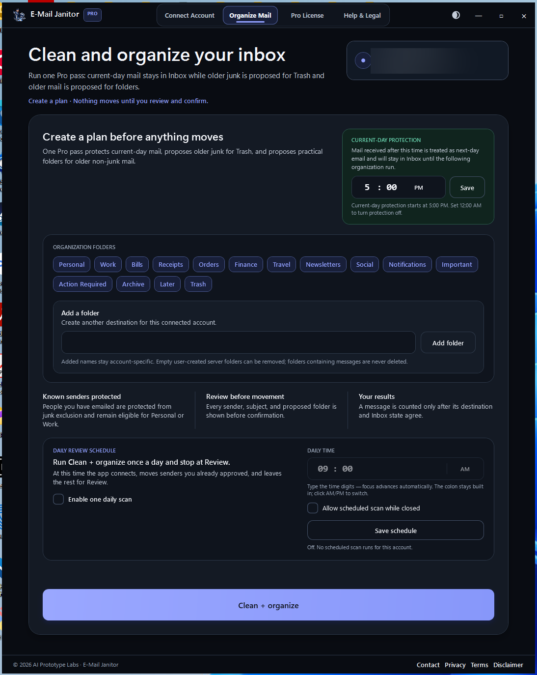 Redacted E-Mail Janitor Organize Mail screen